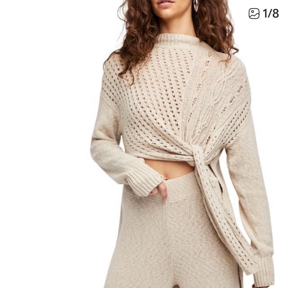 NWT Free people women’s oatmeal tie front sweater and matching pants size L